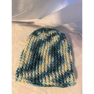 Handmade Crochet Beanie Hat Blue Teal Cream Variegated Ribbed Knit Winter Cap